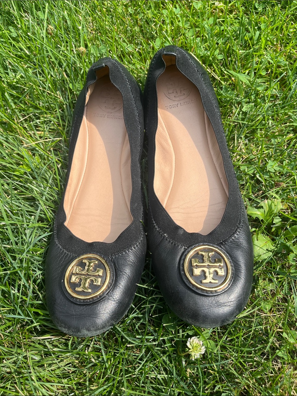 Tory Burch Black Leather Logo Round-Toe Ballet Flats 9.5